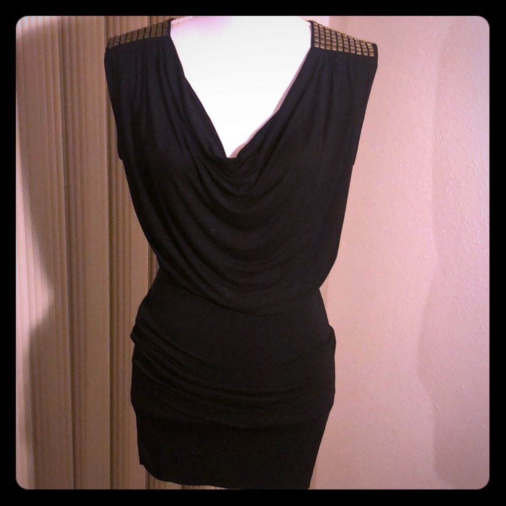 Black Sexy Cowl Neck Mini Dress w/ Shoulder Detail